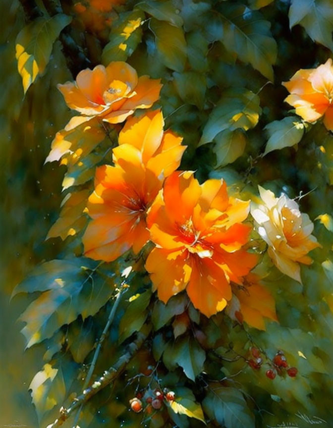 Bright Orange Flowers with Green Leaves and Red Berries in Sunlight