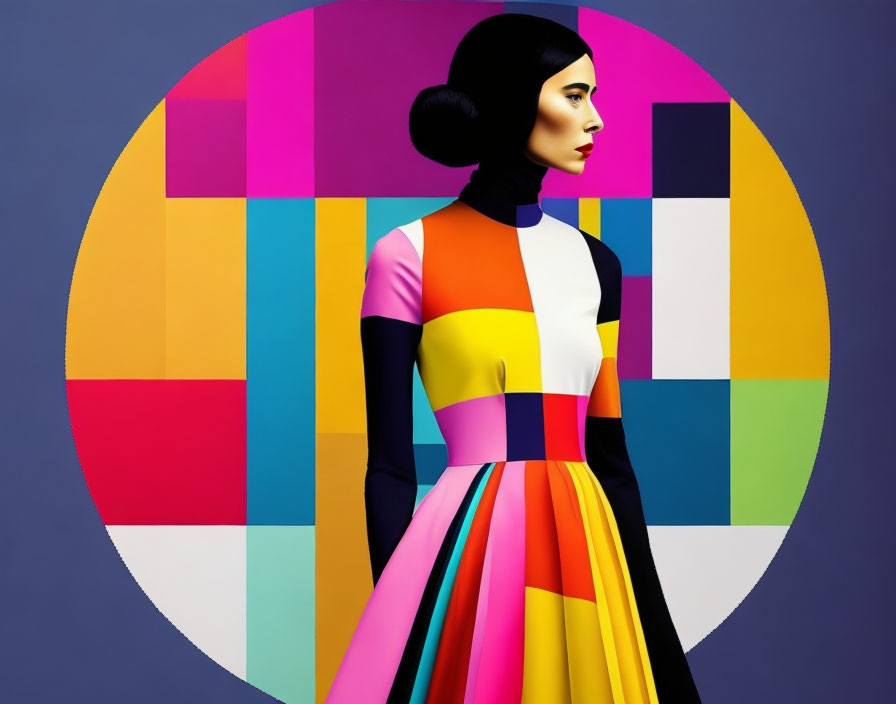 Stylized woman with hair bun in vibrant multicolored dress against geometric background