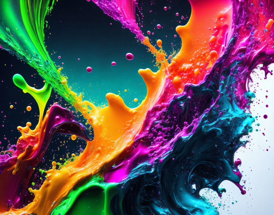 Colorful dynamic paint splashes on black background: abstract rainbow swirls