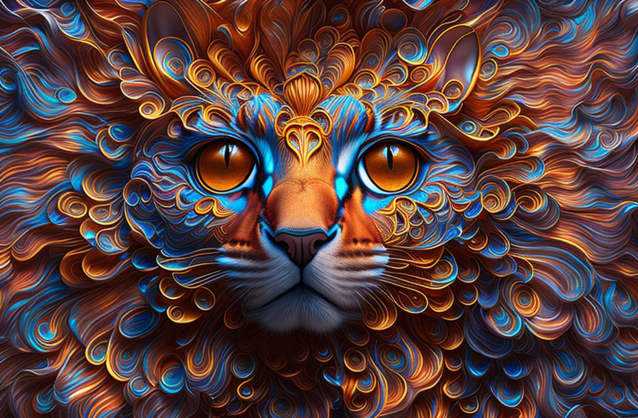 Colorful Digital Artwork: Lion with Swirling Patterns in Blue, Orange, and Brown