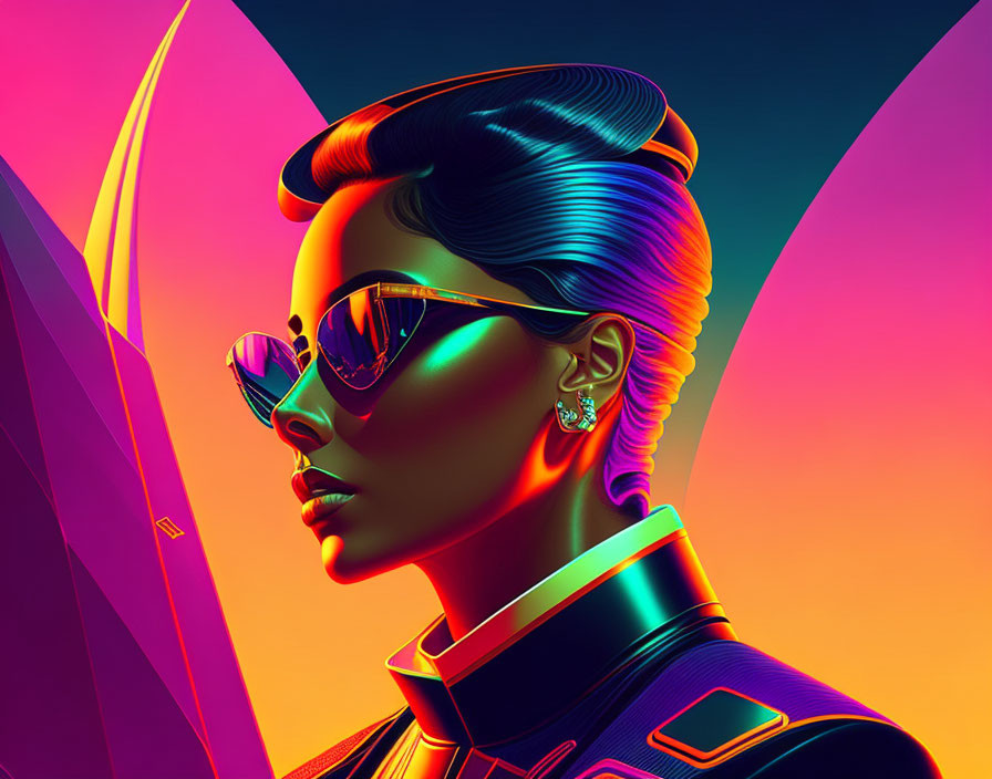 Colorful digital artwork: Stylized woman with slicked-back hair and sunglasses on neon geometric backdrop