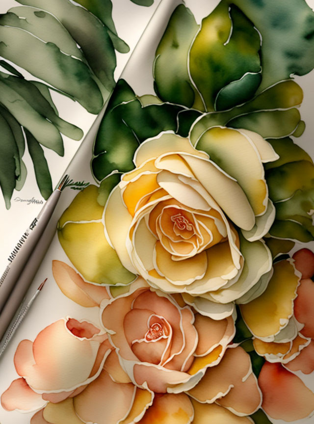 Detailed Yellow and Pink Roses in Watercolor Painting with Green Leaves and Paintbrushes