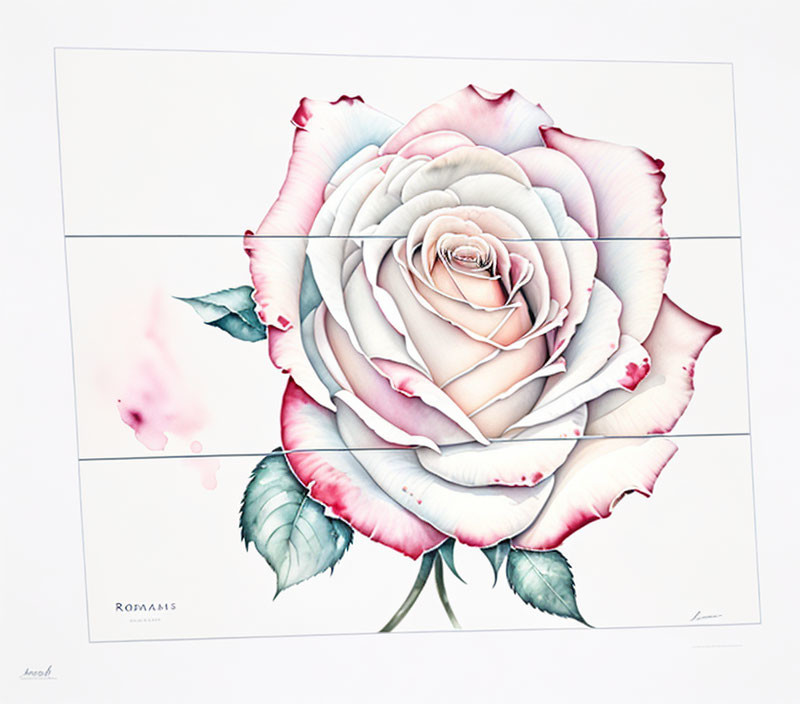 Segmented rose with pink-tipped petals and watercolor bleeds, featuring "ROMAIS