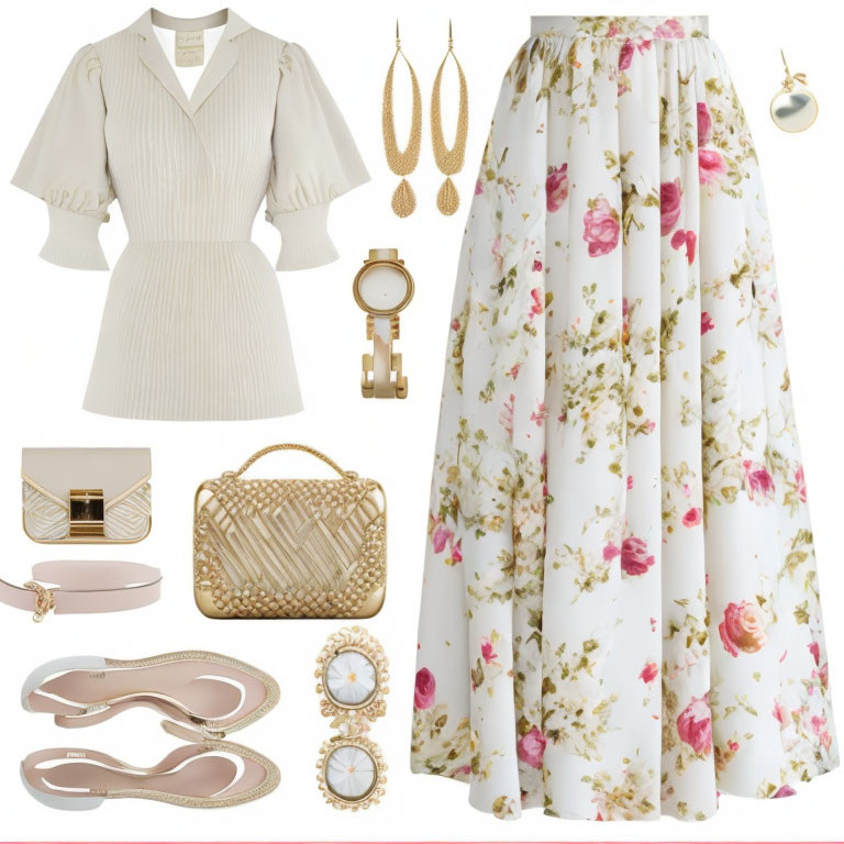 Floral Skirt with Cream Blouse & Gold Accessories