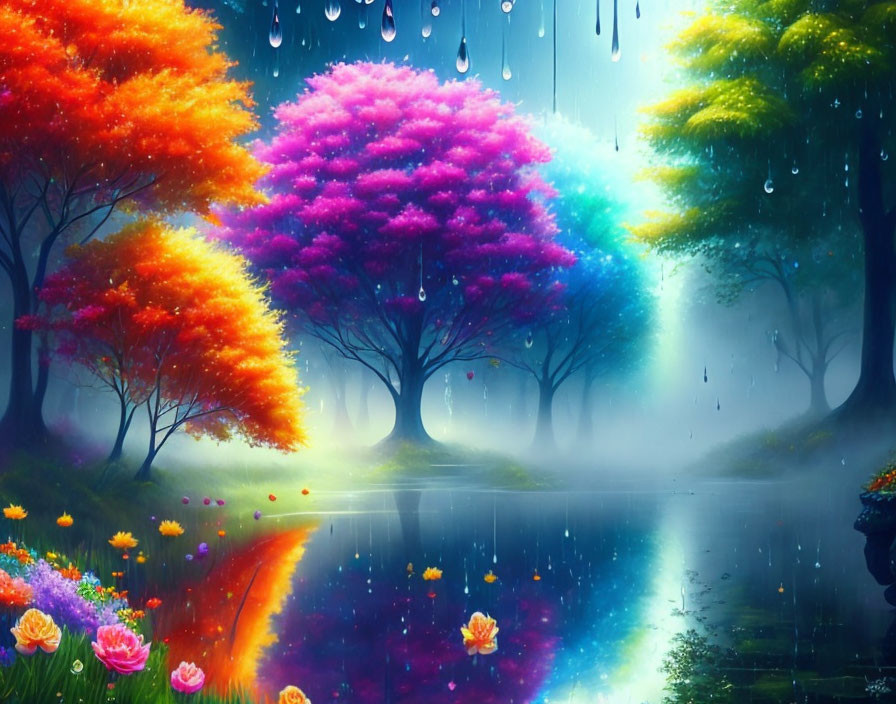 Colorful Autumn Forest Scene with Rainbow, Water Reflection, and Rain Shower