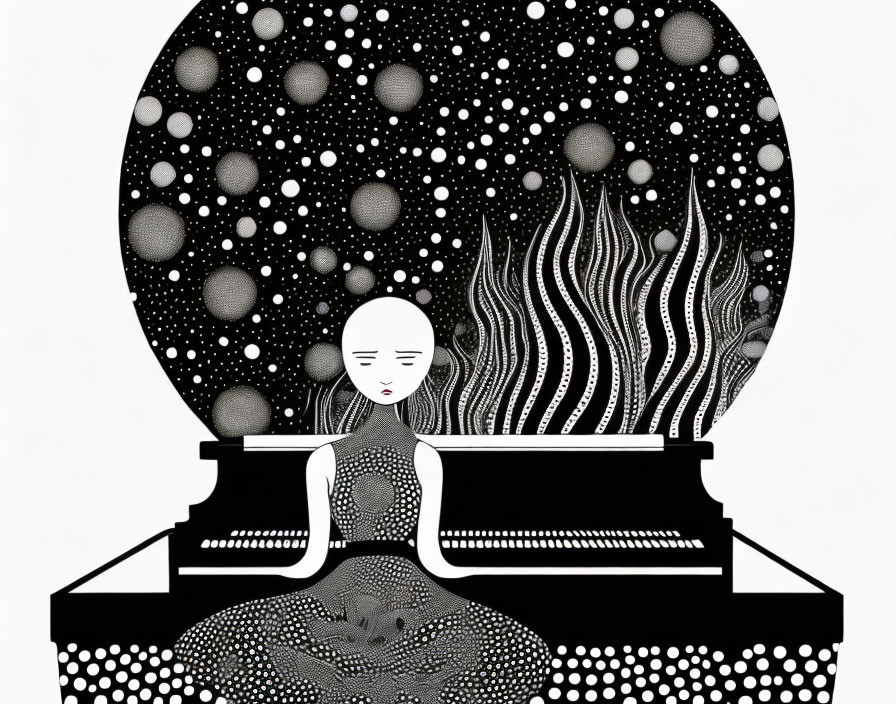 Monochrome illustration of person at piano with celestial patterns and flames