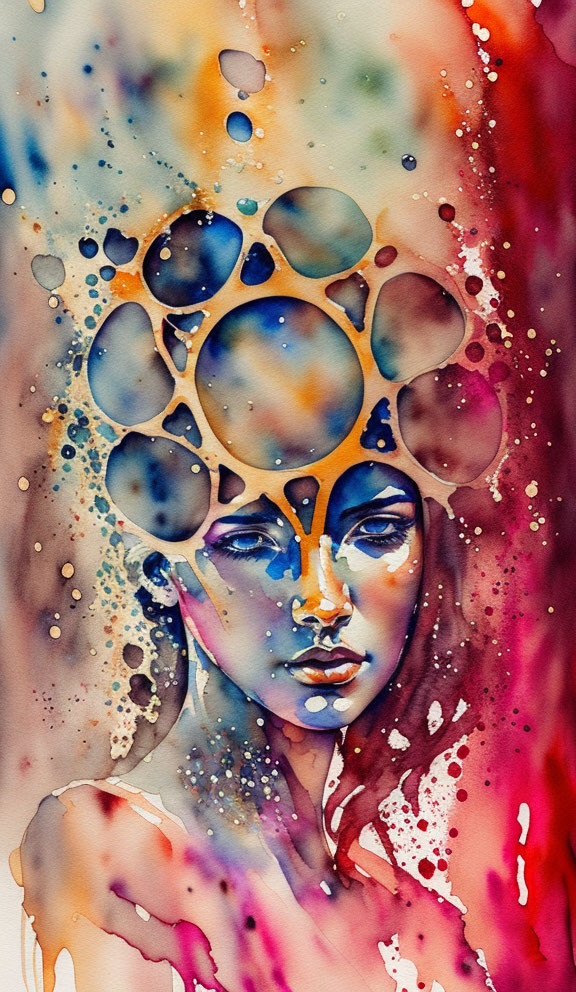 Dreamy expression watercolor painting of person's face with colorful abstract bubbles and splashes.