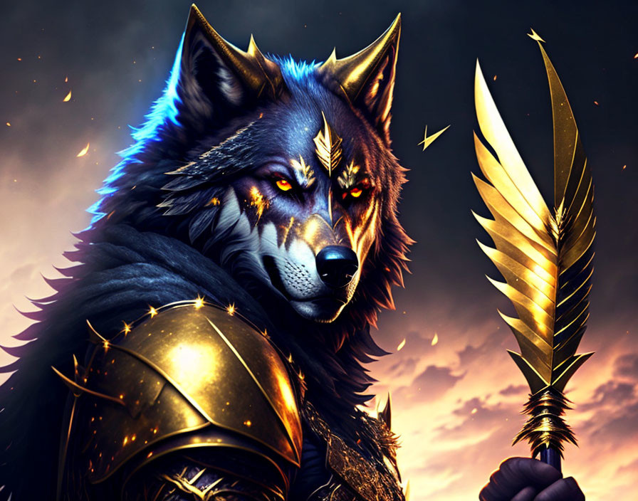 Golden-armored wolf with spear in fiery sky