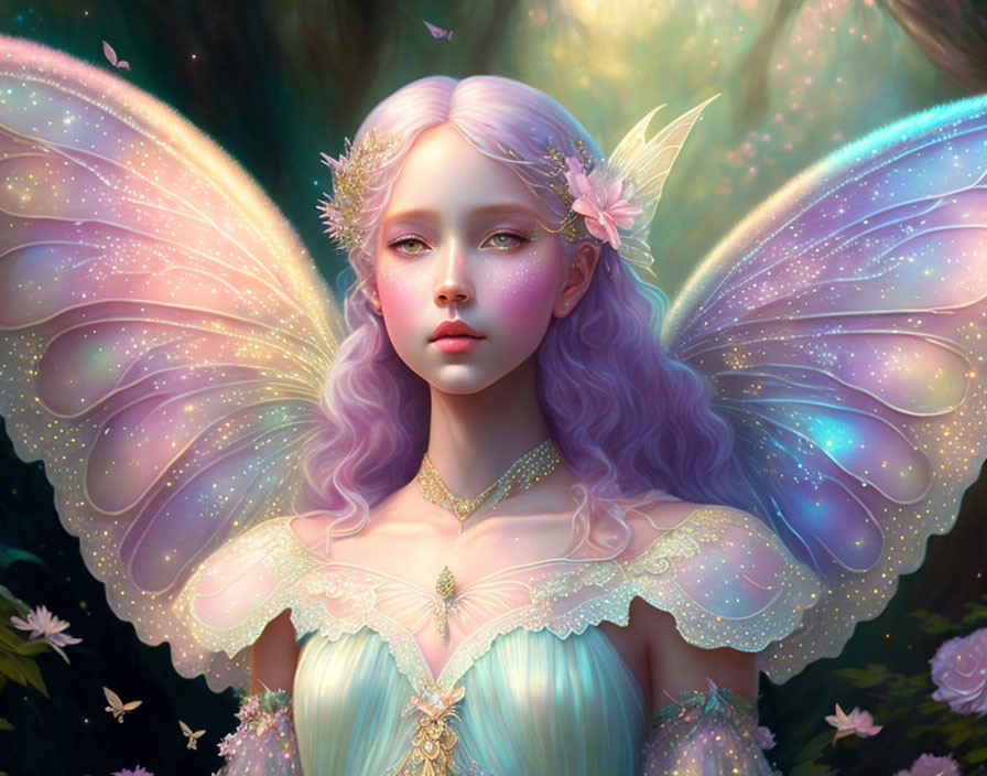 Fairy with Iridescent Wings in Mystical Forest