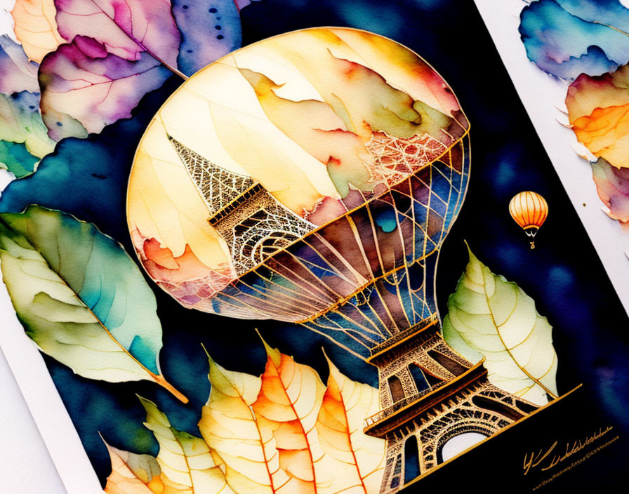 Colorful watercolor painting: Eiffel Tower hot air balloon over autumn leaves