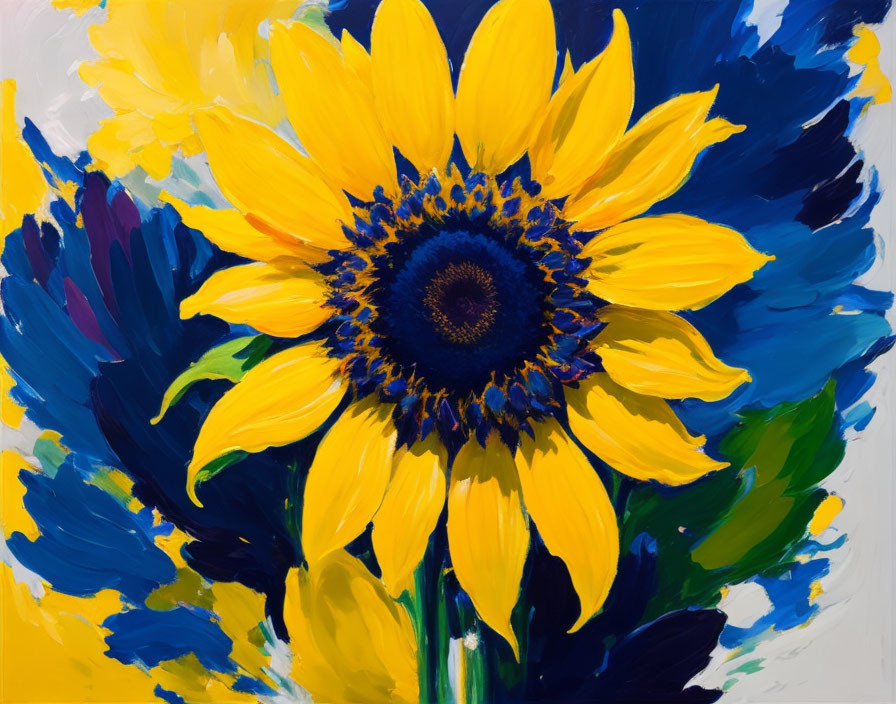 Vibrant sunflower painting with bold yellow petals on dark blue background