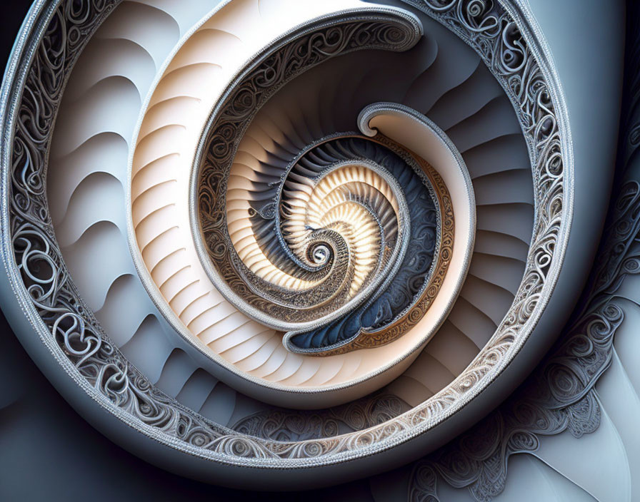 Intricate fractal image of ornate nautilus shell spiral patterns