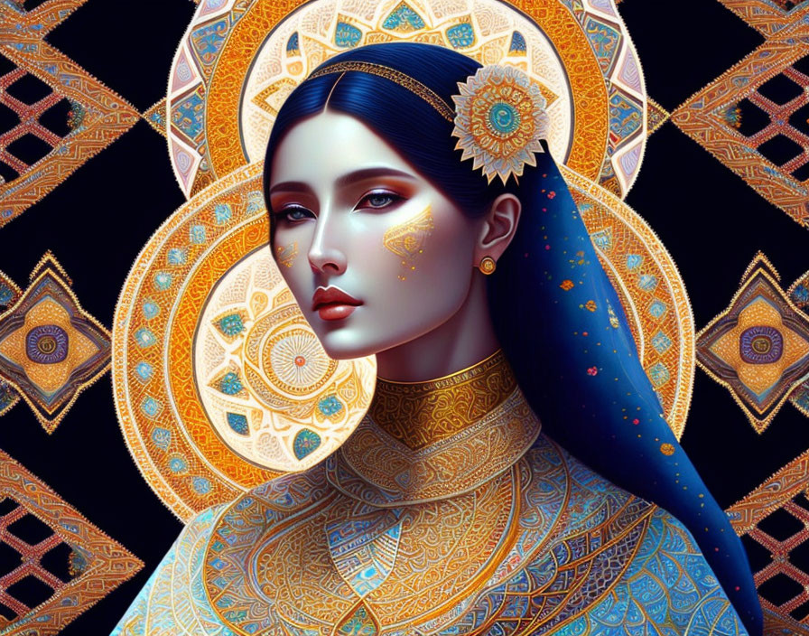 Blue-haired woman with golden mandala halo in ornate attire on dark background