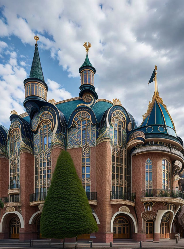 Colorful onion domes and gold accents on ornate building against cloudy sky