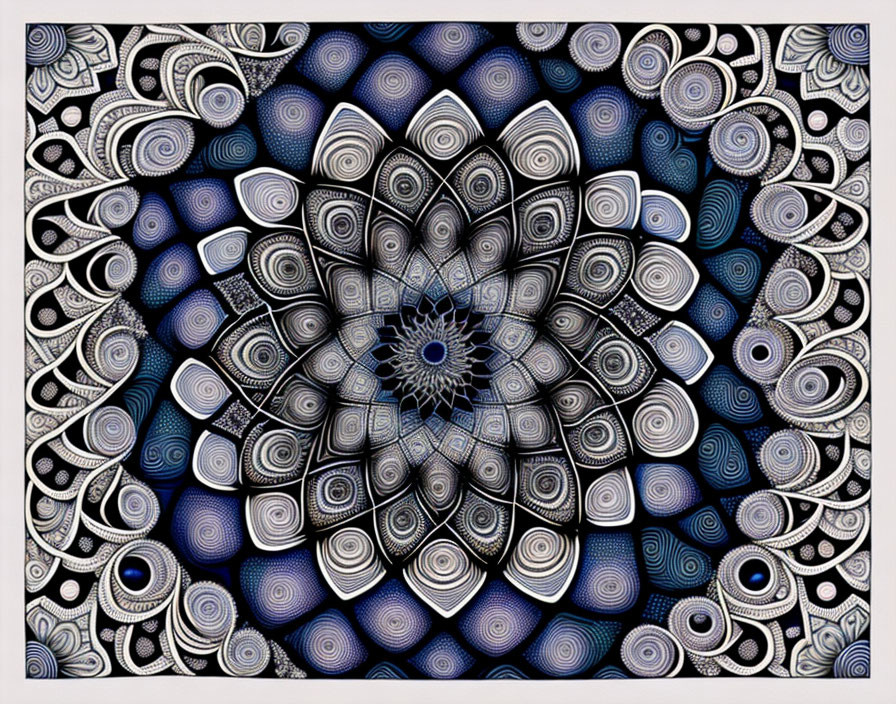 Detailed Monochrome Mandala with Central Blue Gradient and Floral-inspired Paisley Motifs