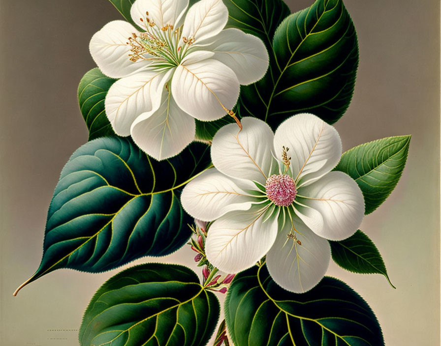 Botanical illustration of two white flowers with stamens and green leaves