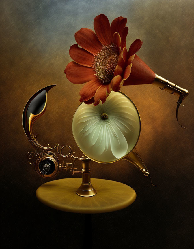 Brass phonograph with flower horn on dark background