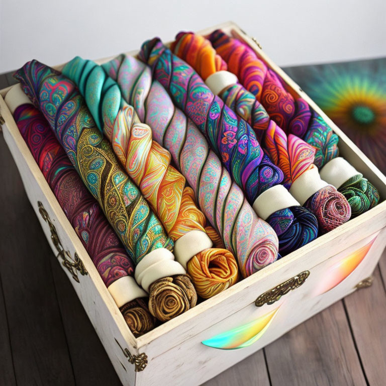 Vibrant patterned textiles in wooden box on display