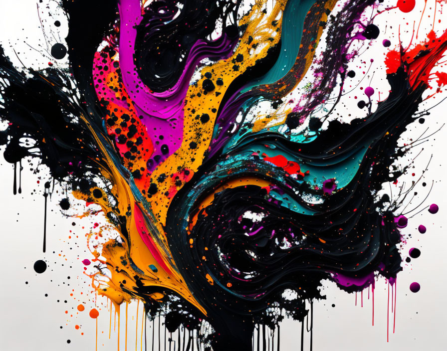 Multicolored paint splatter on white background swirls in black, orange, red, pink,