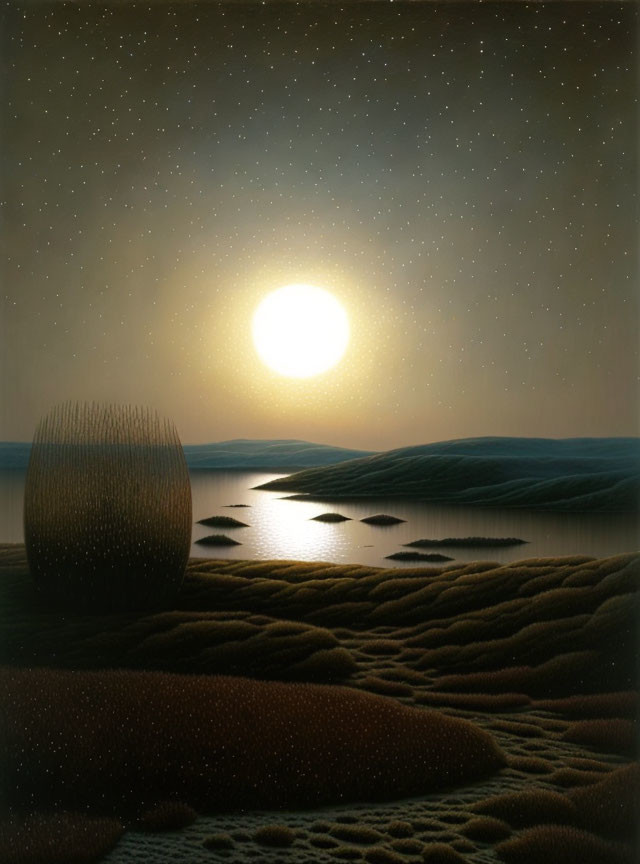 Surreal landscape with large sun, textured sand, still water, and cylindrical object under starry