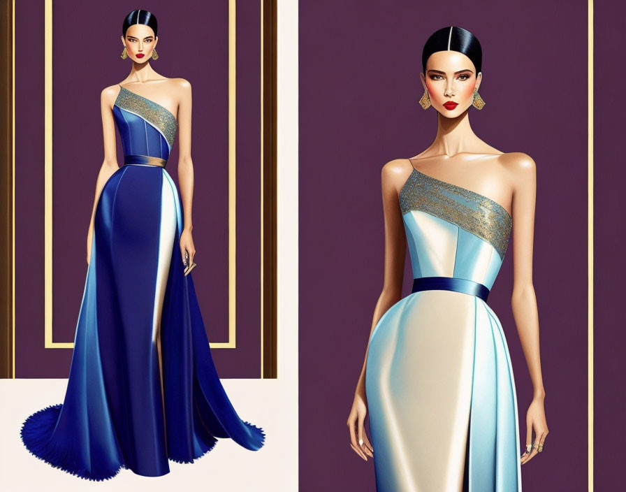 Woman in Elegant One-Shoulder Gowns: Blue & Gold vs. White & Blue