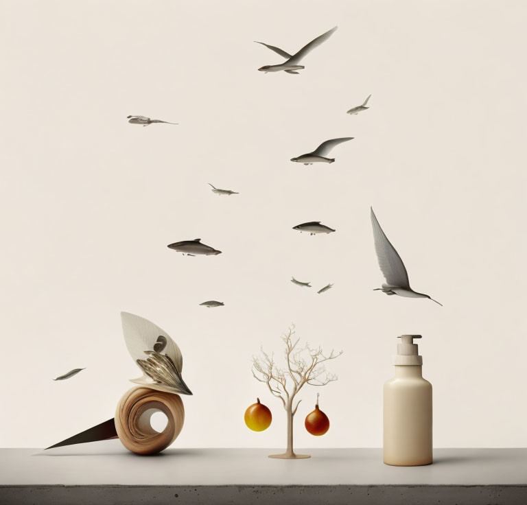 Surreal composition with paper birds, tape roll, bonsai tree, ornaments, and dispenser