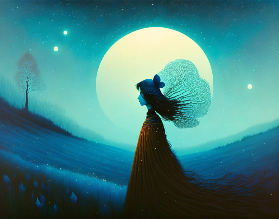 Surreal illustration of woman with tree-like hair under moon