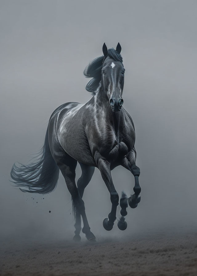 Black Horse Galloping in Dusty Haze: Majestic Glossy Coat