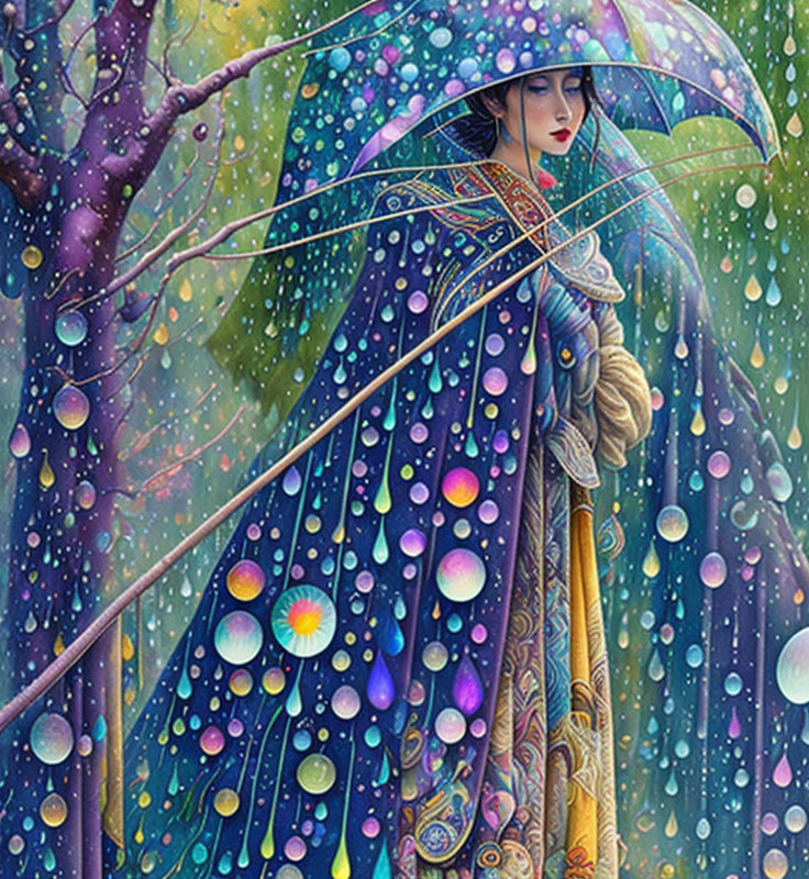 Colorful Woman with Umbrella in Vibrant Landscape