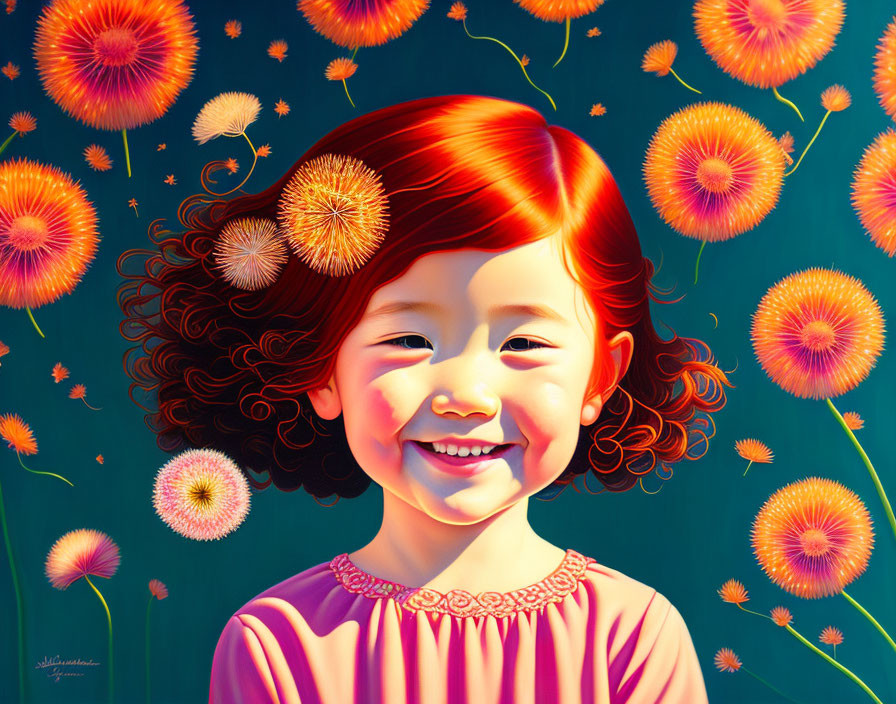 Red-haired girl in purple dress with dandelion puffs on blue background