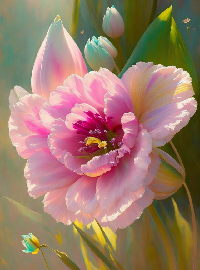 Digital painting of blooming pink flower and butterfly in soft light