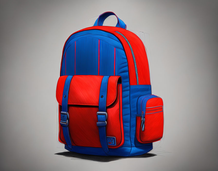 Blue and Red Backpack with Main Compartment, Front Pocket, and Adjustable Straps