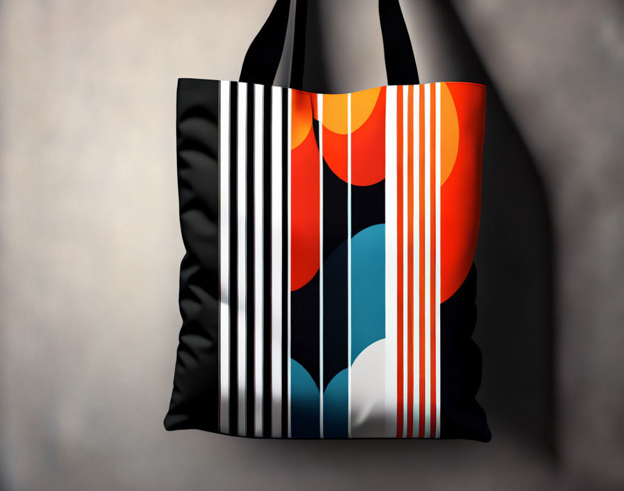 Colorful Abstract Shapes Tote Bag on Gray Wall