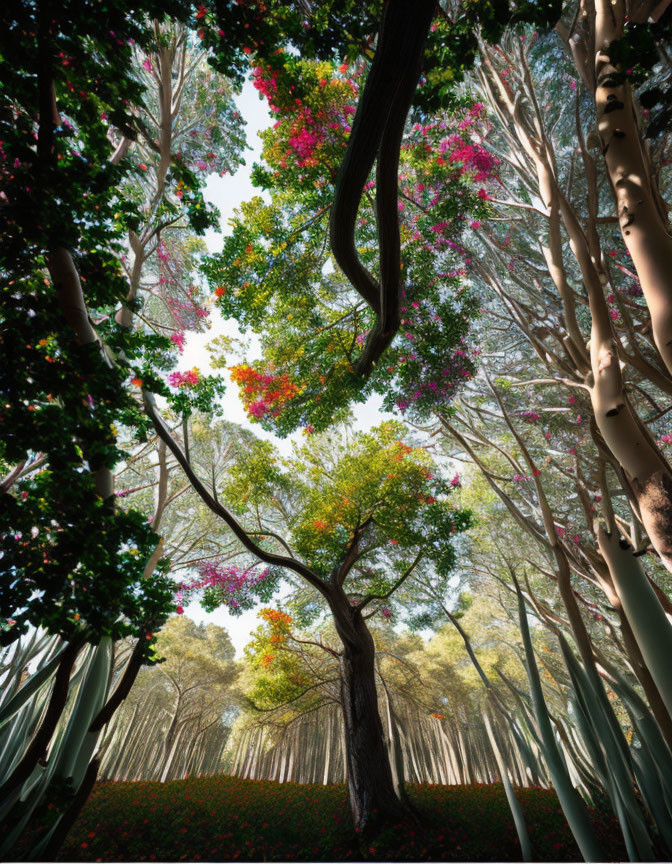 Vibrant forest landscape with tall trees and colorful foliage