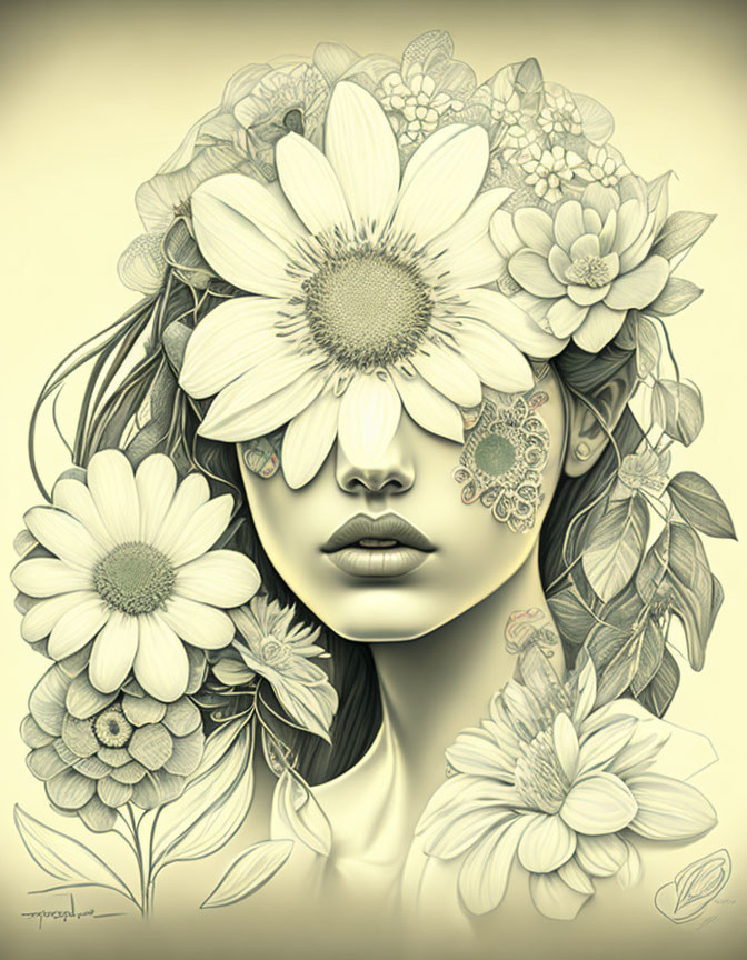 Detailed floral pattern illustration of woman's face with daisies in hair.