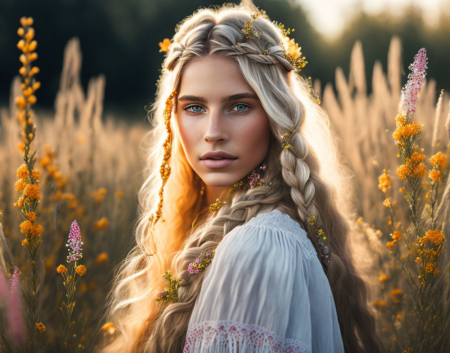 Blonde woman with braided hair in sunlit wildflower field