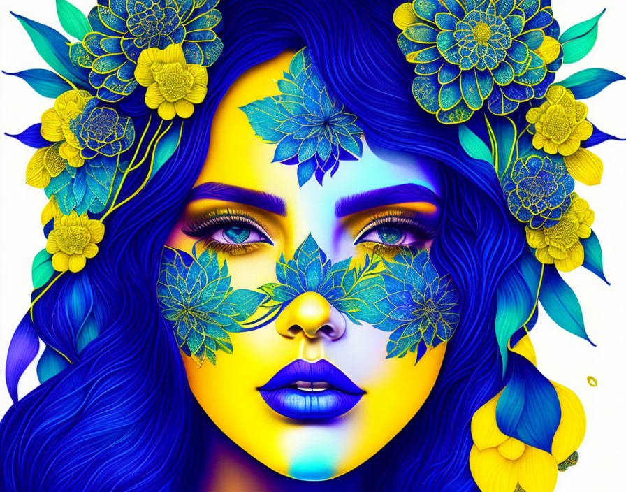 Vibrant Blue Woman's Face with Floral Headdress and Mask