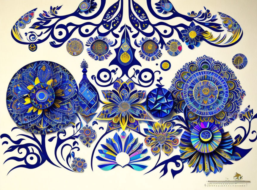 Colorful Floral and Geometric Mural in Blue, Yellow, and Black