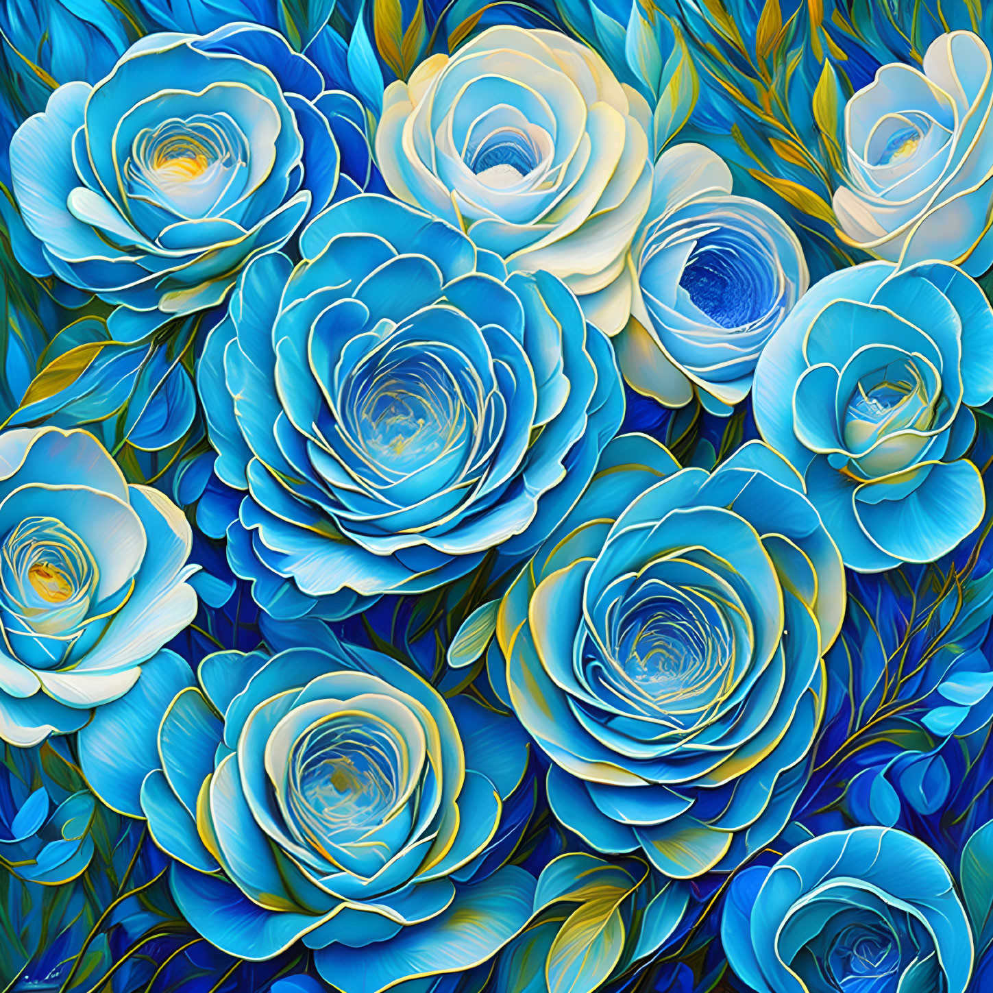 Stylized blue and white flowers in vibrant digital art.