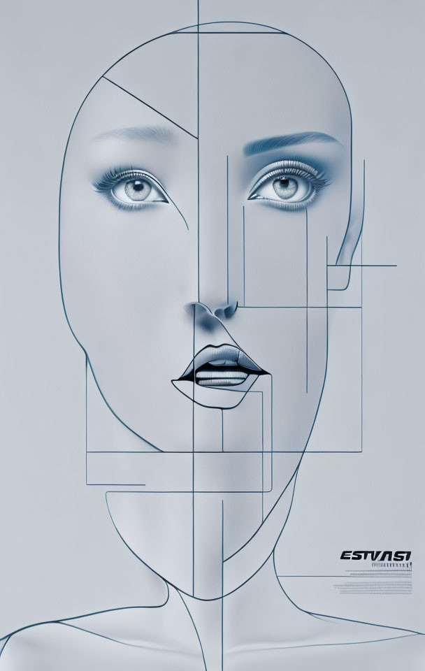 Geometrically divided female face illustration in monochromatic blue tone