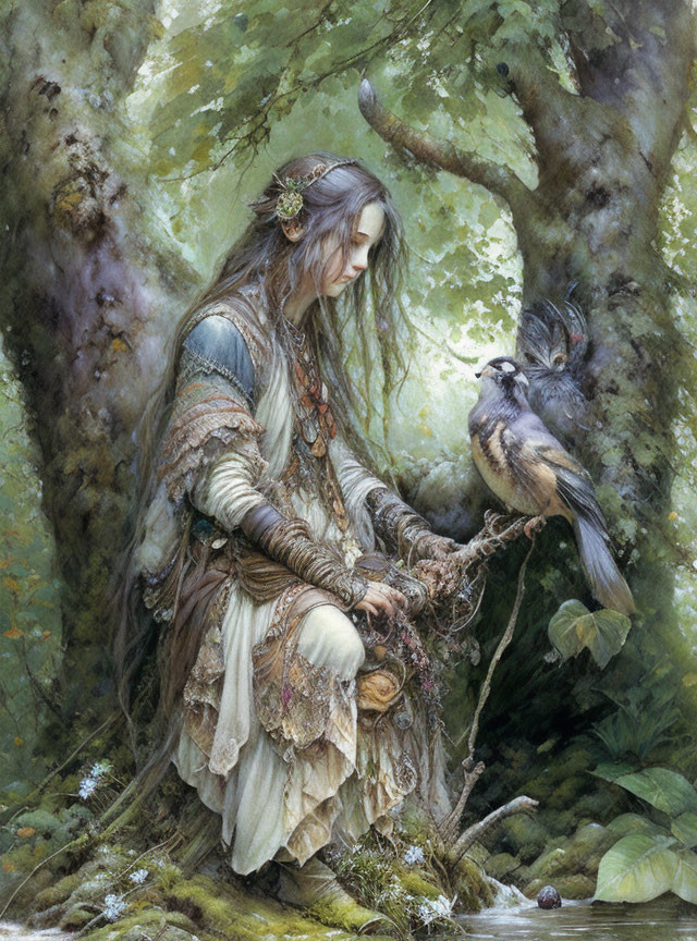 Fantasy scene: Elf woman with bird in lush setting