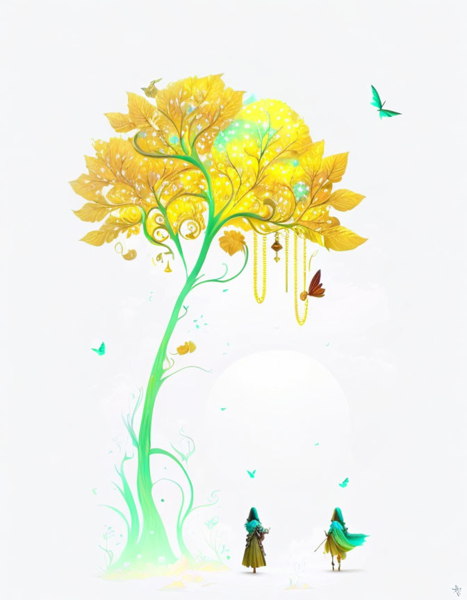 Illustration of luminous golden tree with figures and butterflies