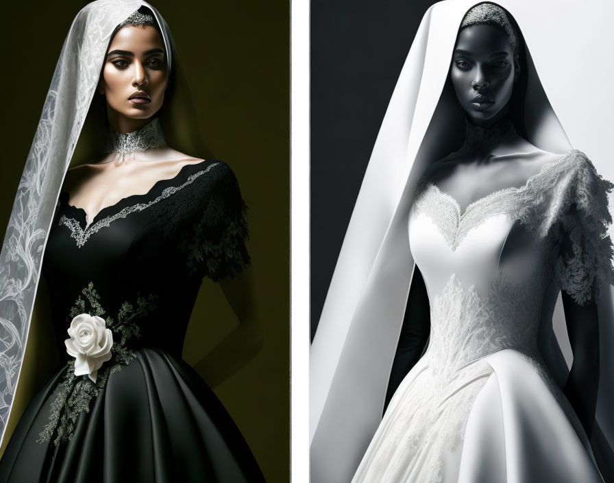 Bridal mannequins in black and white wedding dresses with veils and lace details