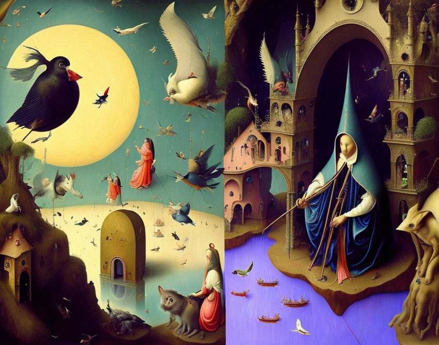 Surreal Artwork Featuring Large Bird, Flying Figures, Nun, Animals, & Architectural Structures