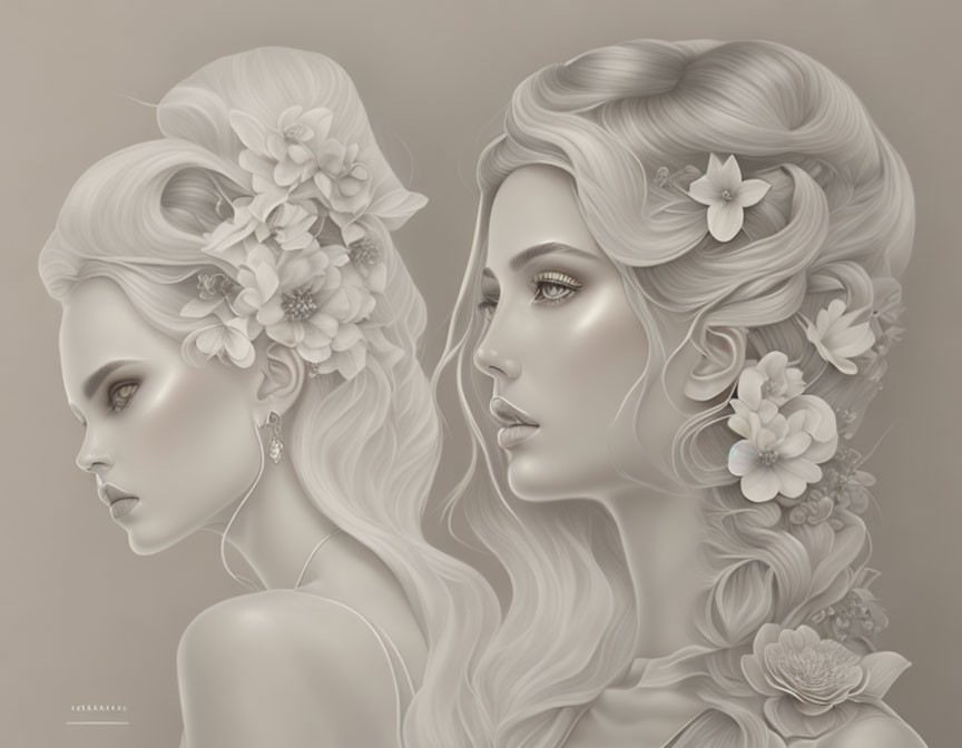 Illustration of two women with floral hairstyles in monochromatic tones