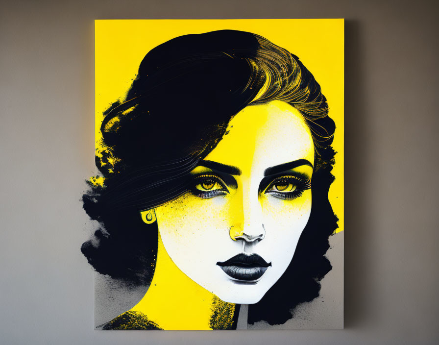 High-contrast portrait on canvas with yellow background and pronounced features