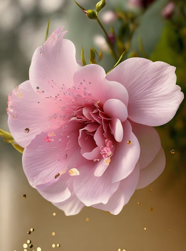 Delicate pink flower with dew drops and glittering particles on soft background