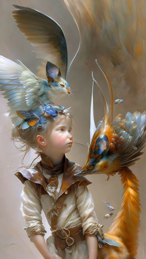 Young girl in vintage attire admires fantastical bird with ornate feathers