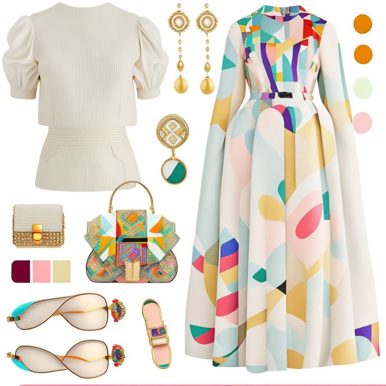 Pastel-Colored Geometric Print Dress with Coordinating Accessories