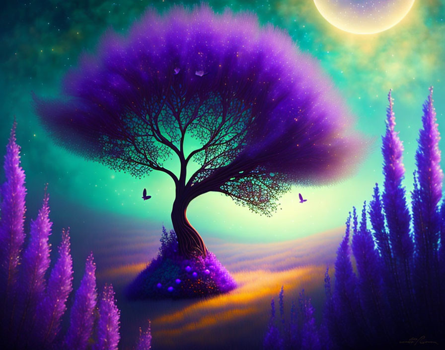 Vibrant digital artwork: Purple tree, glowing aura, starry sky, violet plants, birds